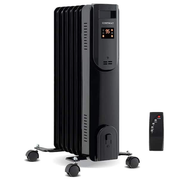1500 W Black electric Oil Radiant Space Heater with Adjustable Thermostat Remote Overheat and Tip-Over Protection