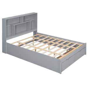 Gray Wood Frame Queen Size Platform Bed with Storage Headboard and Drawer