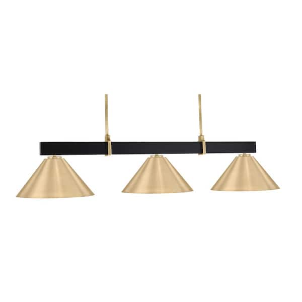 Balmore 3-Light Matte Black and New Age Brass Billiard Light with 14 in. Matte Black Metal Shades