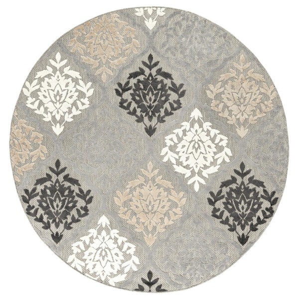 Tayse Rugs Oasis Medallion Gray 8 ft. Round Indoor/Outdoor Area Rug