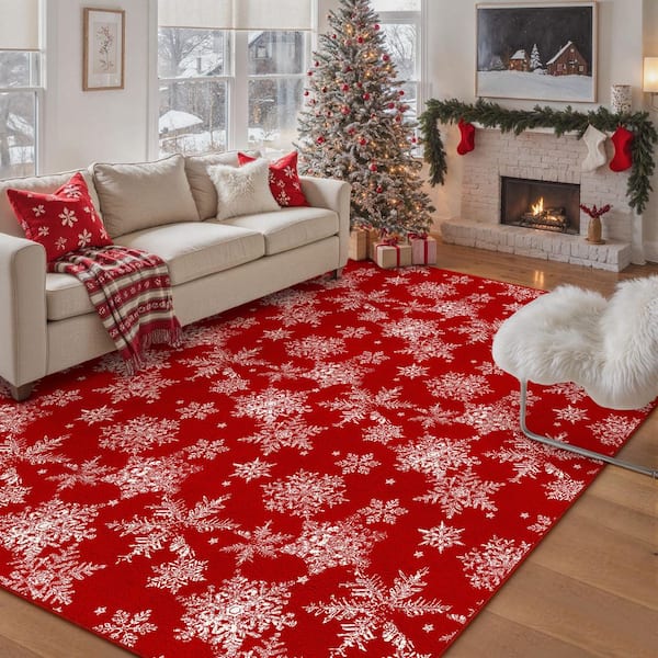 Christmas 9 ft. x 12 ft. Red Snowflakes Area Rug