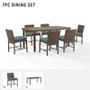 7-piece wicker dining set with navy blue cushions and component breakdown.