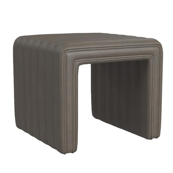 Benjara Ada Pewter Gray Faux Leather Square Accent Ottoman