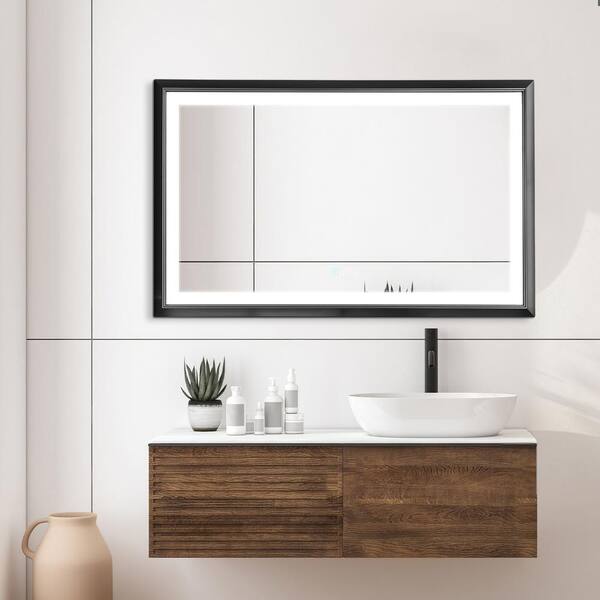 HBEZON Metis 48 in. W x 30 in. H Large Rectangular Aluminium Framed Dimmable Anti-Fog Wall Bathroom Vanity Mirror in Black