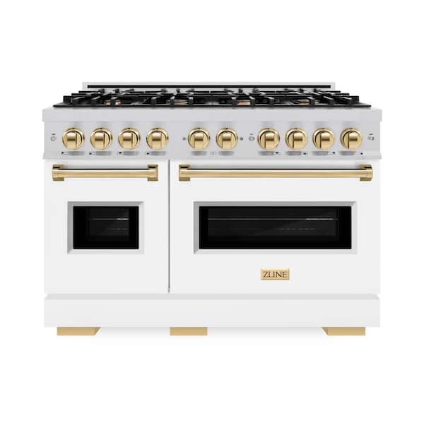 ZLINE Kitchen and Bath Classic 48 in. 8-Burner Dual Fuel Range with Double Oven in Stainless Steel, Matte White, and Polished Gold