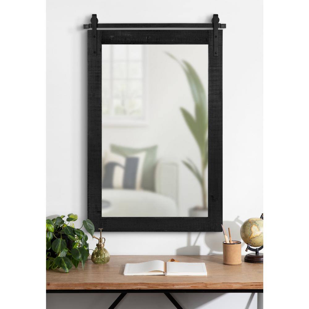 Rustic Farmhouse 42.5" Black Wood Wall Mirror with Iron Bar