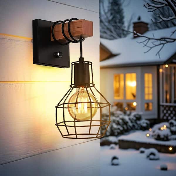 8.66 in. 1-Light Vintage Wooden Rustic Dimmable Wall Sconce for Indoor Living Room Bedroom w/ Black Cage Shade (1-Piece)