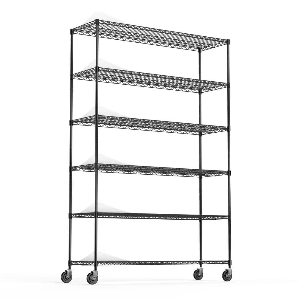 Black Heavy Duty 6-Tier Adjustable Metal Storage Rack with Wheels