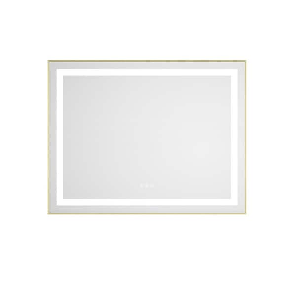 28 in. W x 36 in. H Rectangular Aluminum Framed LED Wall Bathroom Vanity Mirror with Front and Backlight in Brushed Gold
