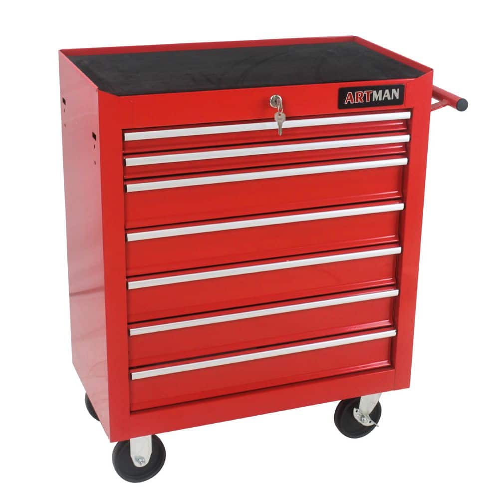 12.9 in. W 7 Drawer Rolling Metal Red Tool Cabinet with Lock, 4 Wheels Tool Carts with Workbench and Push Rod price history on PriceWatchPro