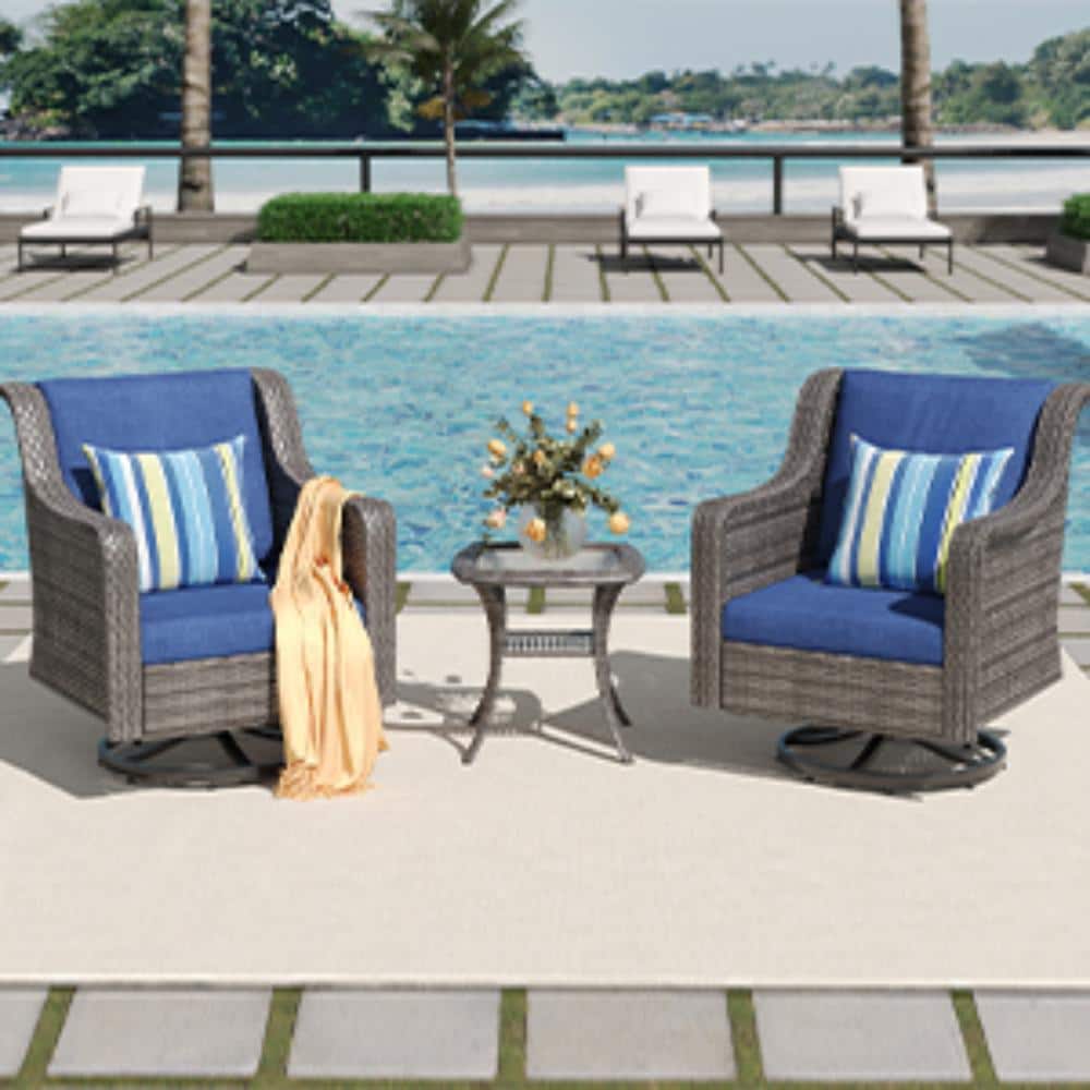 3-Piece Gray All-Weather PE Rattan Outdoor Wicker Swivel Rocker Patio Set with Blue Cushions & 2-Tier Rattan Side Table price history on PriceWatchPro