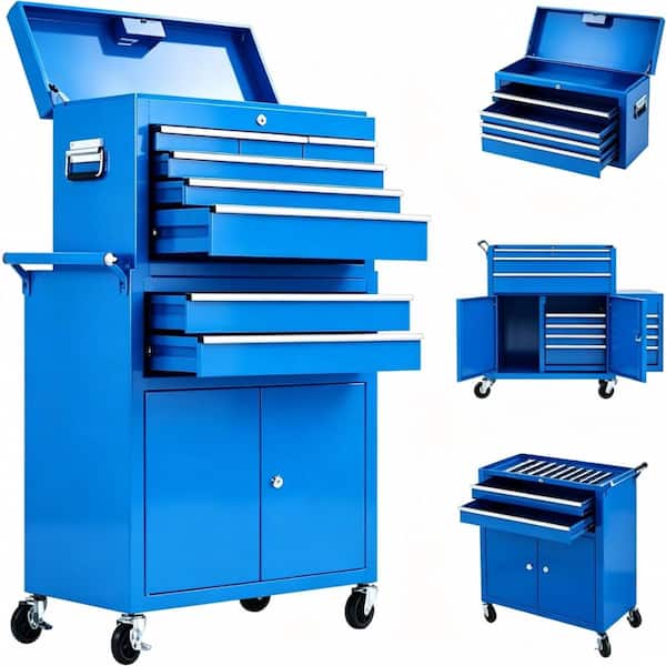 Heavy Duty 8-Drawer Rolling Tool Chest Lockable Sliding Drawers, Wheels, Liners, for Garage, Workshop, Warehouse Blue