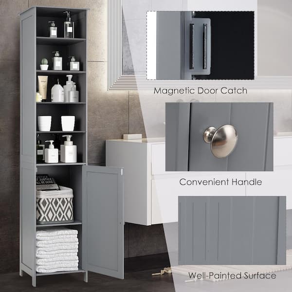 Glossy Bathroom Tallboy Cabinet with Mirror in Grey