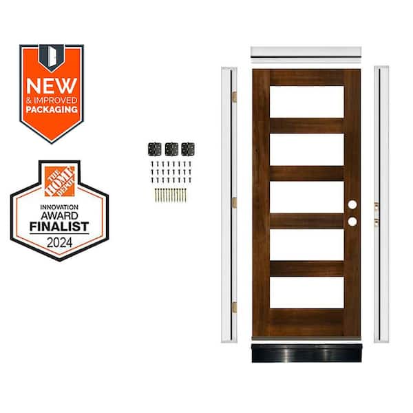 32in.x80in. Hemlock LH 5-Lite Clear Glass Provincial Stain Wood AssemblyRequired Front Door Kit w/QuickAssembleJamb