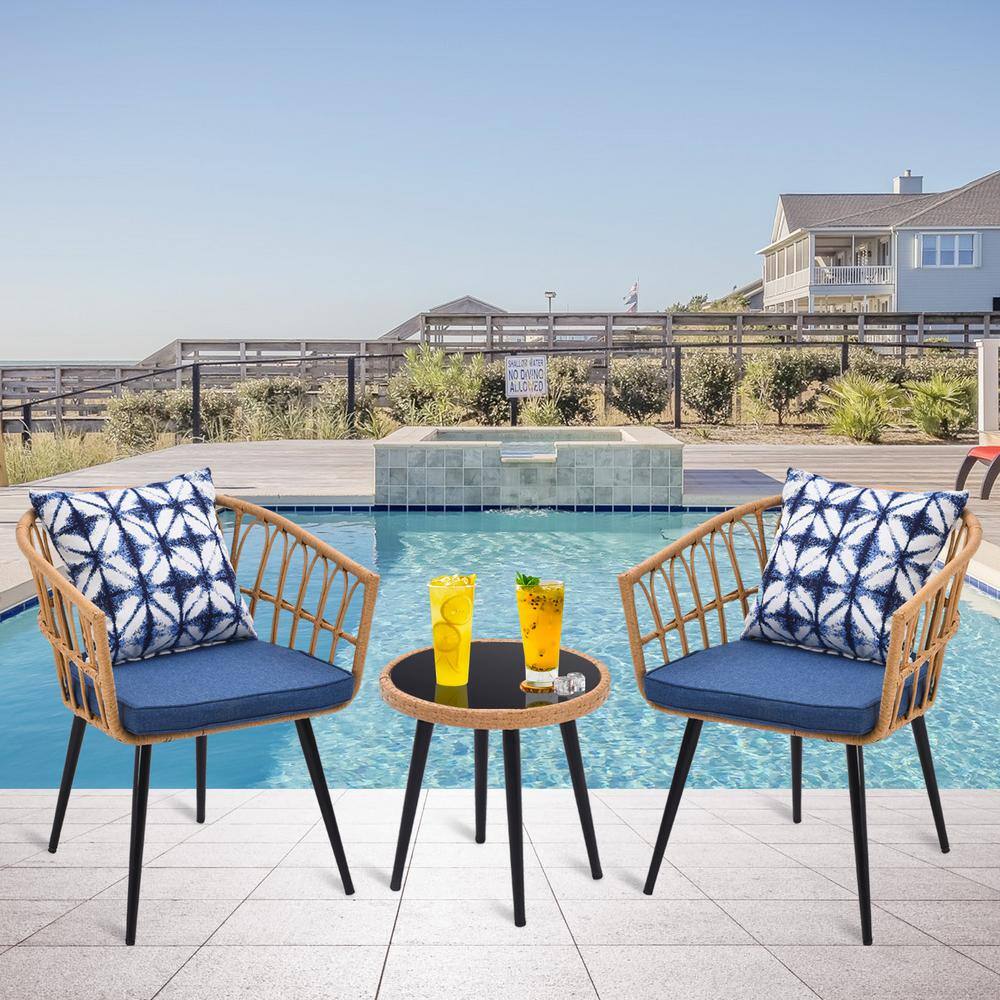 3-Piece Metal Outdoor Patio Bistro Set with Side Table PE Rattan Chair with