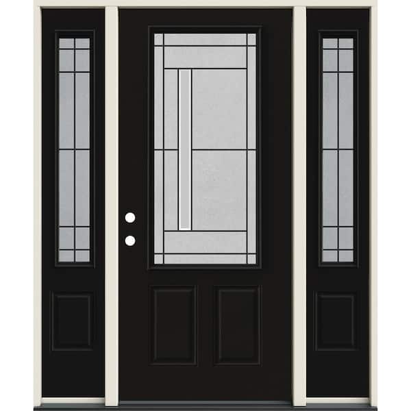 JELD-WEN 60 in. x 80 in. Right-Hand 3/4-Lite Atherton Decorative Glass Black Steel Prehung Front Door with Sidelites
