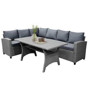 3-Piece Weatherproof PE Wicker Patio Conversation Set with Gray Cushions and Pillows