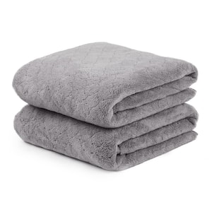 Gray Polyester Velvet Grid Bath Towel (Set of 2)