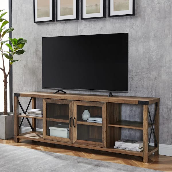 Walker Edison Furniture Company 70 in. Reclaimed Barnwood Composite TV Stand Fits TVs Up to 78 in. with Storage Doors