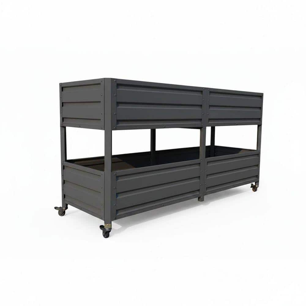 Grey 71 in. x 24 in. Metal Raised Garden Bed w/ Wheels and Self-Watering, 2-Tier Elevated Planter Box for Veggies/Herbs