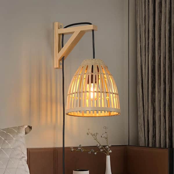 SUNLLOK Industrial 5.69 in. Bamboo 1-Light Wood Base Basket Plug in Wall Sconces, Rustic Adjustable Height Pulley Wall Lamp