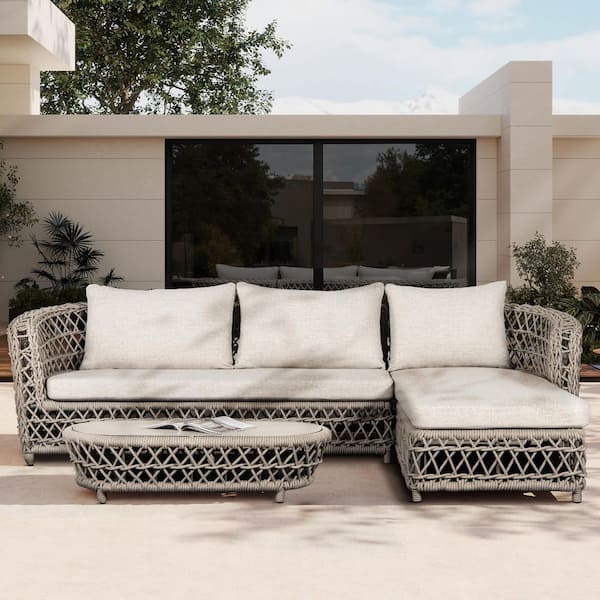 Everly 108 in. Woven Aluminum Frame Deep Seating RAF Outdoor Sectional Sofa with Cushions in Oat Beige Axroma Olefin