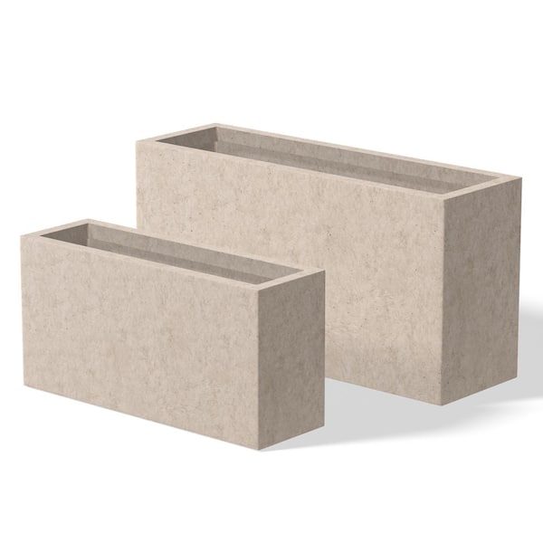 Modern 12 in., 16.5 in. High Large Tall Elongated Square Light Gray Outdoor Cement Planter Plant Pots Set of 2