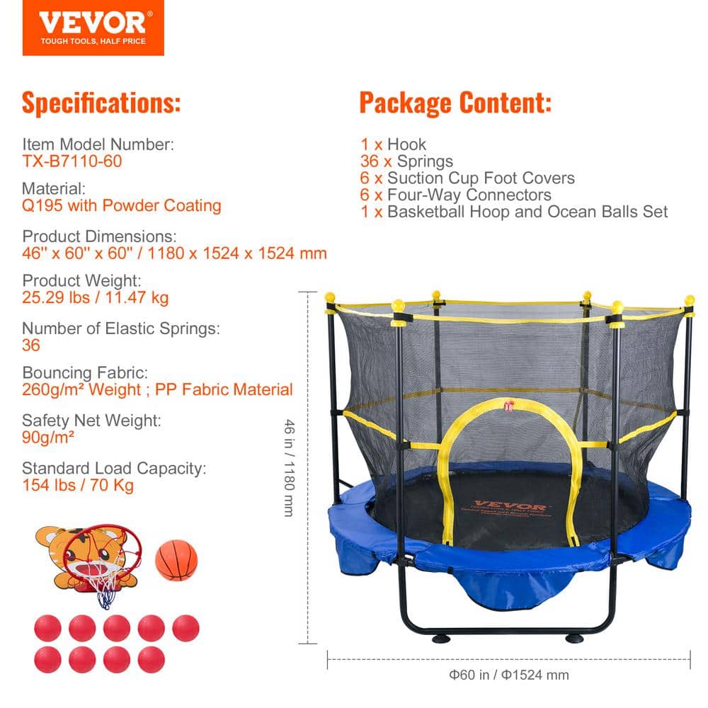 VEVOR 5ft Kids' Trampoline with Safety Enclosure and Basketball Hoop