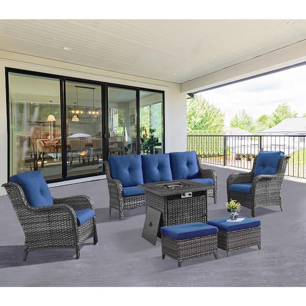 ArcoBay 6-Piece Gray Frame Wicker Patio Square Fire Pit Conversation Set with Navy Blue Cushions and Ottomans