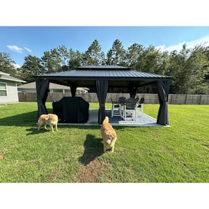 12 ft. x 24 ft. Gray Aluminum Power-Coated Frame Galvanized Steel Double Roof Hardtop Gazebo,Hooks,Netting, Gray Curtain