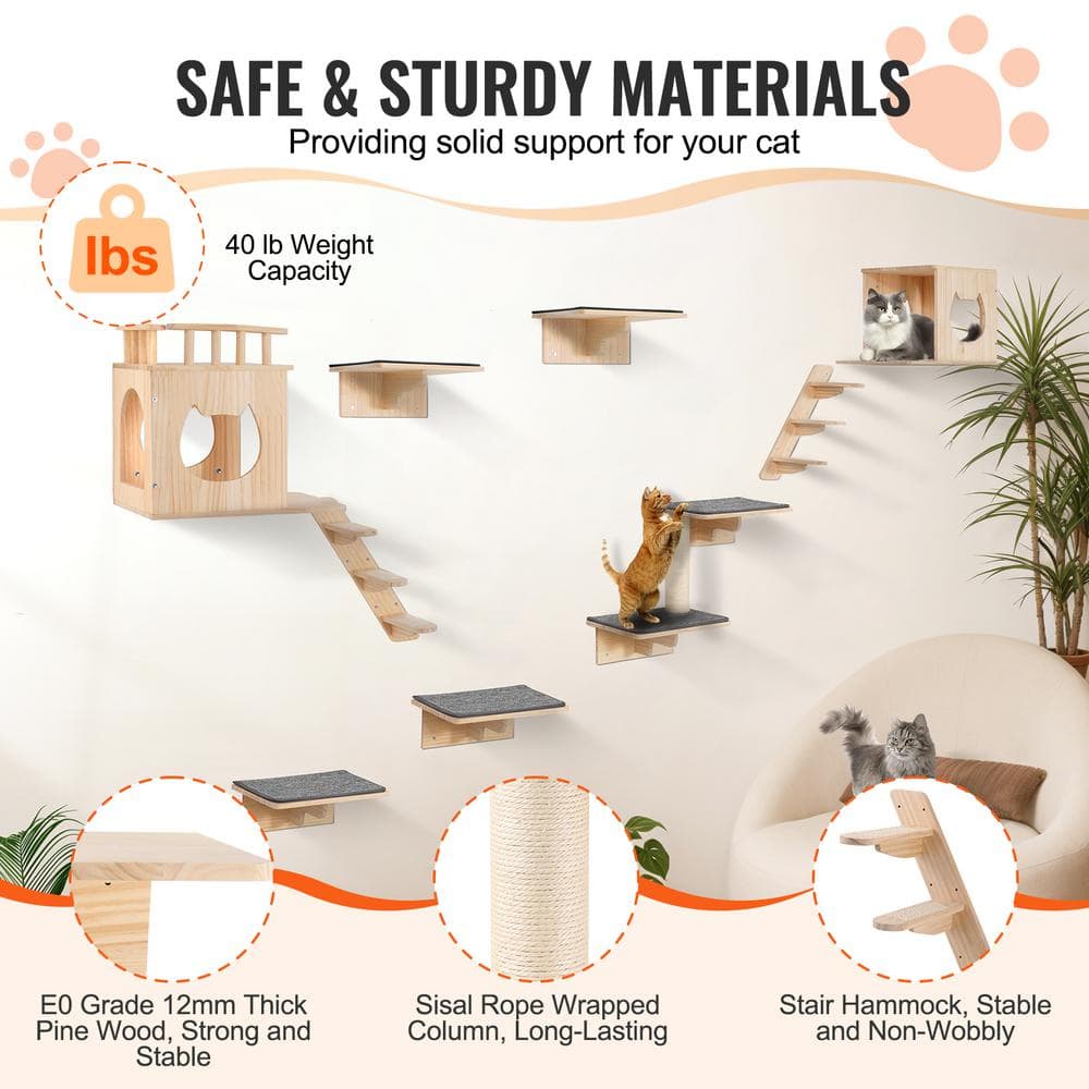 Natural Pine Wood Wall Mounted Cat Shelves Set