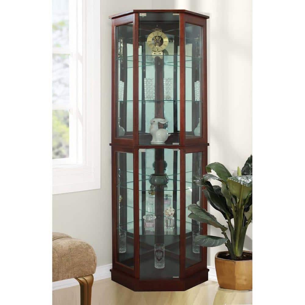 JENLEA Inc Floor Standing Walnut 5-Sided Lighted Corner Curio Cabinet, image size:1000x1000
