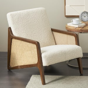 Cream Upholstered Mid Century Boucle Wood Accent Chair with Brown Wooden Frame and Rattan Cane Panels