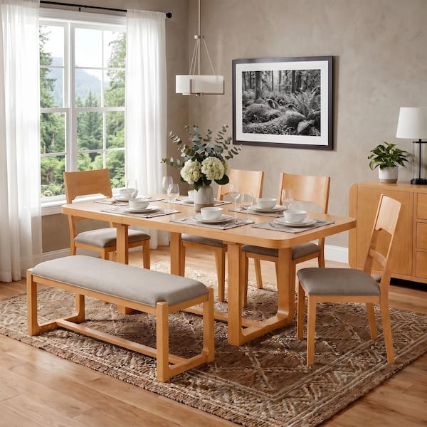 Natural 6-Piece Wood Outdoor Dining Set with Beige Cushion, 4 Padded Chairs and Bench
