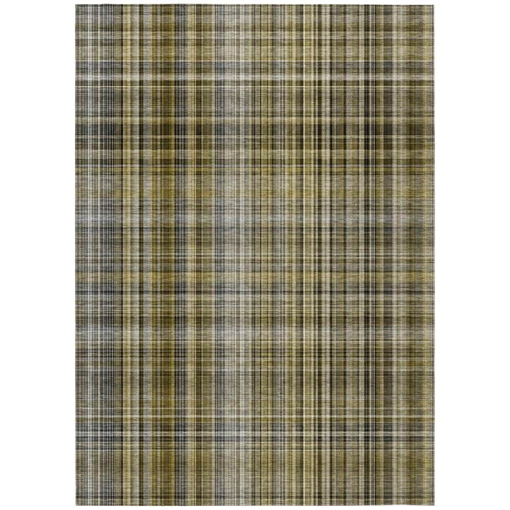 Taupe Plaid Synthetic 5' x 7' Washable Area Rug