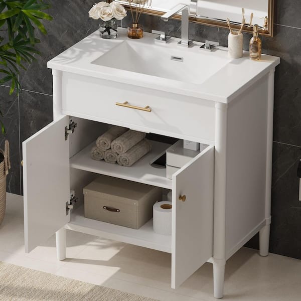 31 in. Freestanding White Bath Vanity with White Ceramic Top Bathroom Door Storage Cabinet Unassembled