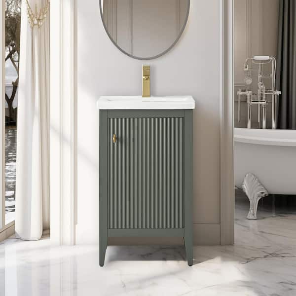 20 in. W x 15.7 in D x 34 in. H Single Sink Bath Vanity Cabinet in Linear Vintage Green with White Ceramic Top