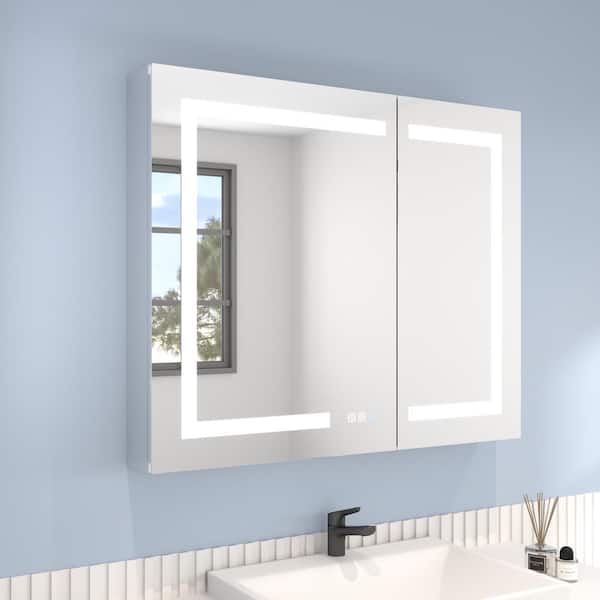 ExBrite 36 in. W x 30 in. H Rectangular Silver Aluminum Recessed/Surface Mount Medicine Cabinet with Mirror and LED