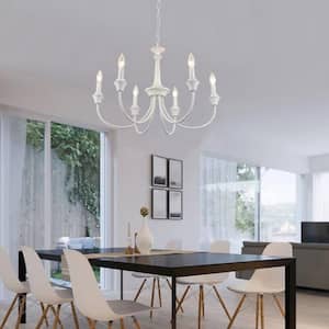 6-Light Distressed White Dimmable Classic Linear Chandelier for Kitchen Island with No Bulbs Included