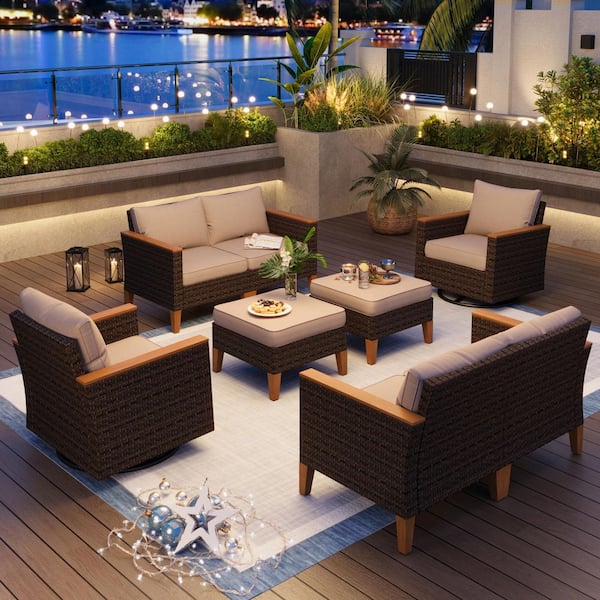 PHI VILLA Brown Wicker Rattan 8 Seat 8-Piece Steel Outdoor Patio Sectional Set with Beige Cushions,2 Swivel Sofas and 2 Ottomans