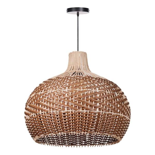 1-Light Coffee Brown Hand-Woven Rattan Pendant Light with Basket Shape, No Bulbs Included 20 in.