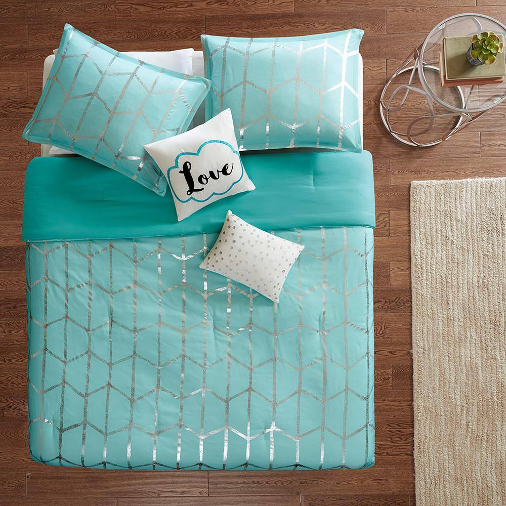 Aqua and Silver King Microfiber Comforter Set with Decorative Pillows