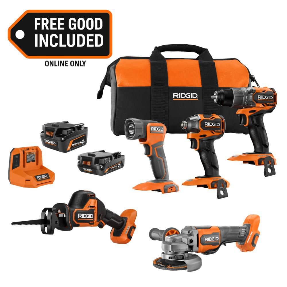 Ridgid "18V NUKE SubCompact Brushless 4-Tool Combo Kit w/ 2Ah, 4Ah Battery, & Charger w/ FREE 18V Brushless 4-1/2"" Angle Grinder"
