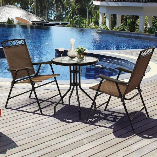 3-Pieces Wicker Conversation Set Pub Patio Outdoor Bistro Set with Folding Chairs Table