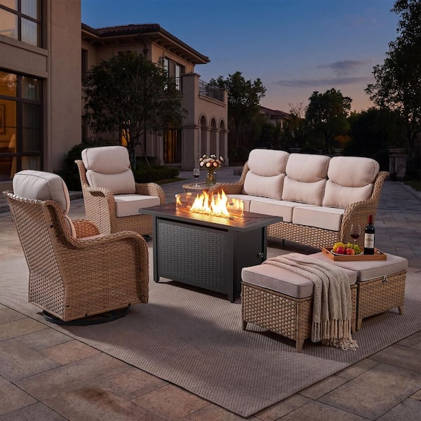 MoonLuxe Yellow Wicker Fire Pit Conversation Set with Beige Olefin 6 in. Thick Cushions Patio Swivel Chairs (7-Piece)