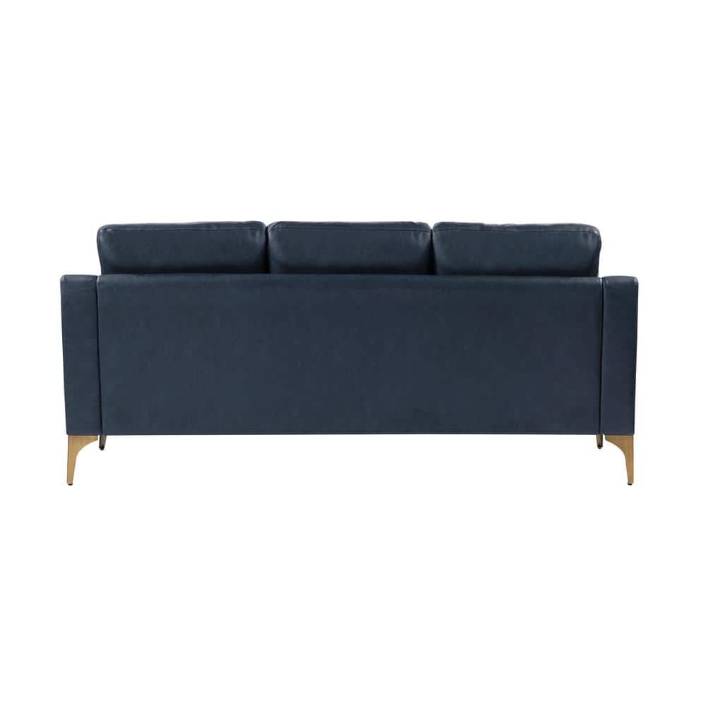 Navy Faux Leather Sofa with Removable Cushions and Wood Legs