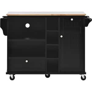 Black Kitchen Island Cart With Microwave Storage Cabinet, Solid wood top, 2-Locking Wheels, Buffet Server Sideboard