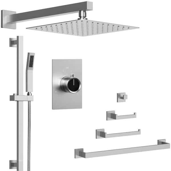 GRANDJOY 2-Spray 10in. High Pressure Dual Wall Mount Fixed and Handheld Shower Head 2.5GPM with Towel Rack Set in Brushed Nickel