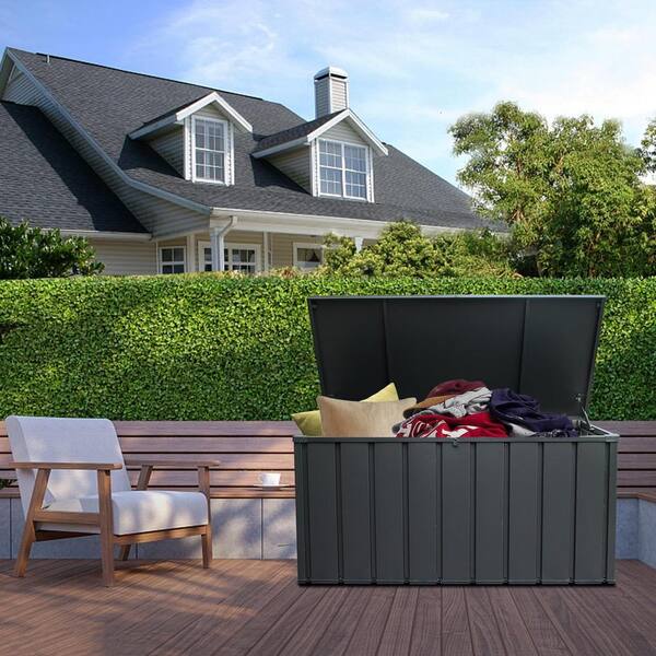 thumbnail interactive-video image 1 of AWFHHT 100 Gallon Deck Box, Waterproof Resin Outdoor Storage Box With 1 of 13