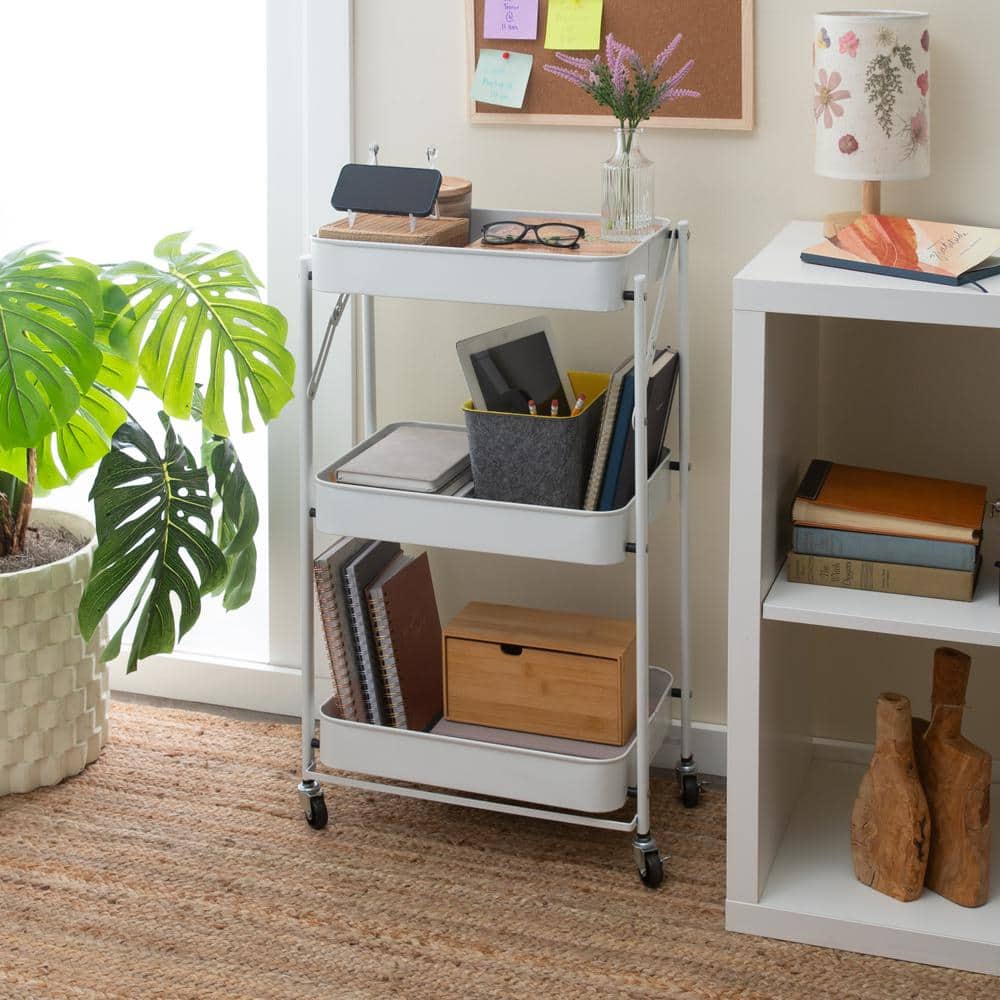 White 3-Tier Metal Folding Utility Rolling Storage Cart